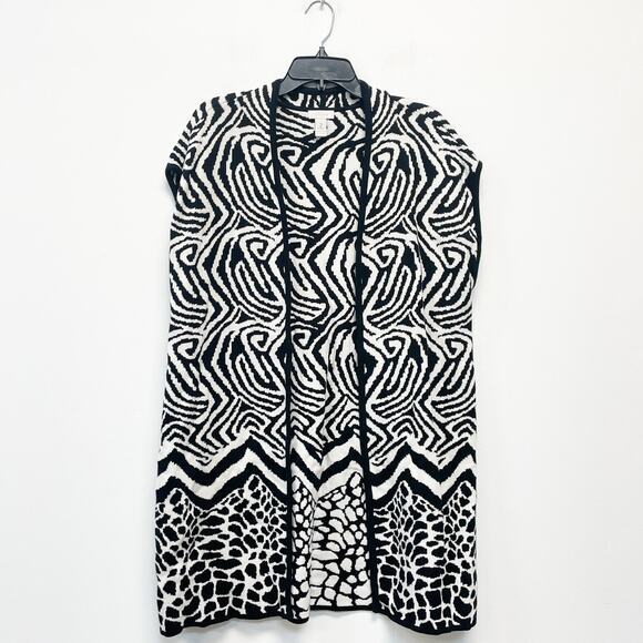 Chico's Sweaters - Chico's Women's 2 Black White Animal Print Open Front‎ Sleeveless Knit Cardigan